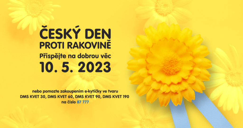 Banner se žlutým pozadím a žlutou květinou s černým písmem, který zve na český den proti rakovině, který se koná 10.5.2023