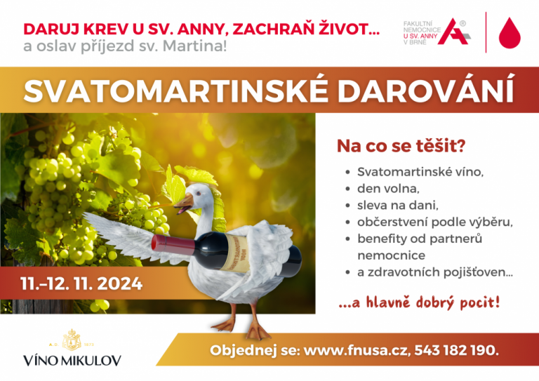 Nemocnice u sv. Anny pořádá ve spolupráci s Víno Mikulov akci Svatomartinské darování, v rámci níž můžete darovat svou krev potřebným. Na co se v rámci darování krve můžete těšit?