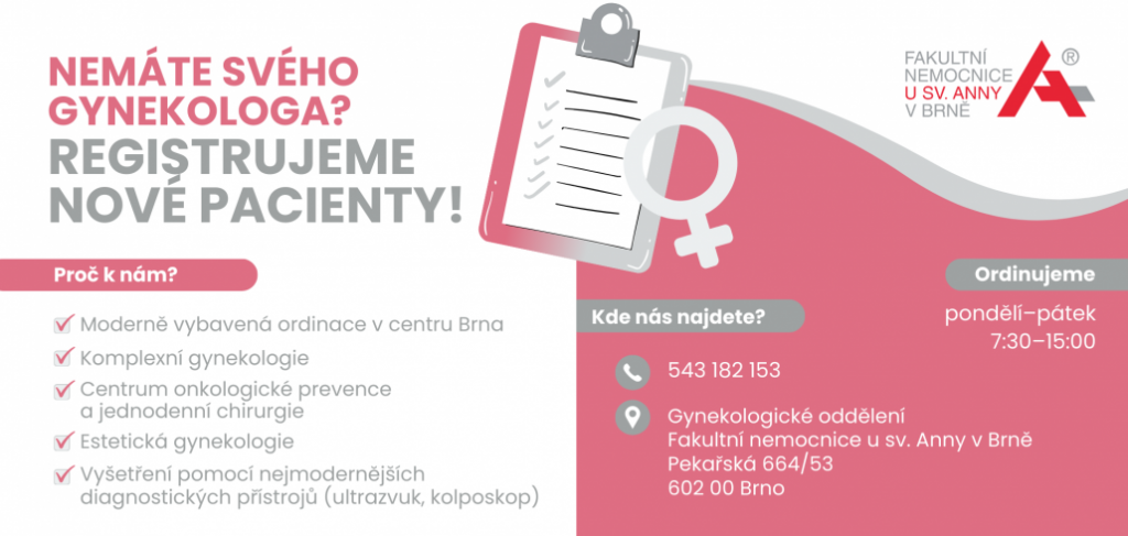 Banner zobrazující podrobnosti o možnosti registrace na gynekologickém oddělení. Tel: 543 182 153. Ordinační hodiny: pondělí až pátek, 7:30 až 15:00