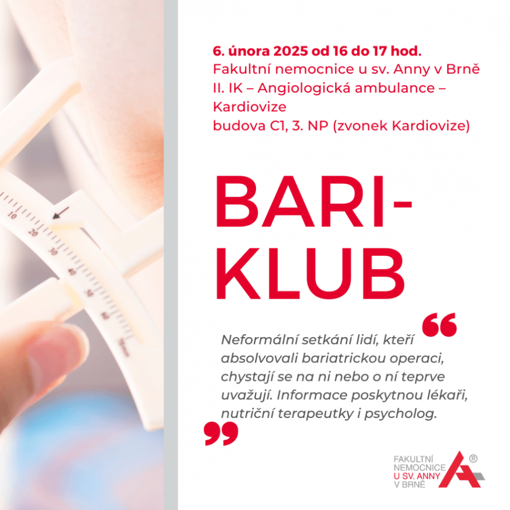 Banner informující o pořádání dalšího setkání Bari-klubu, které se koná 6. února 2025 od 16. do 17:00, budova C1. 3. NP (zvonek Kardiovize)