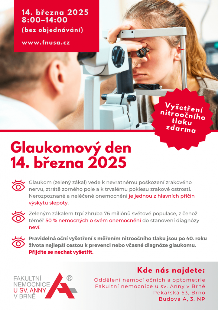 Glakomový den se bude konat 14. března 2025 od 08:00 do 14:00, bez objednávání