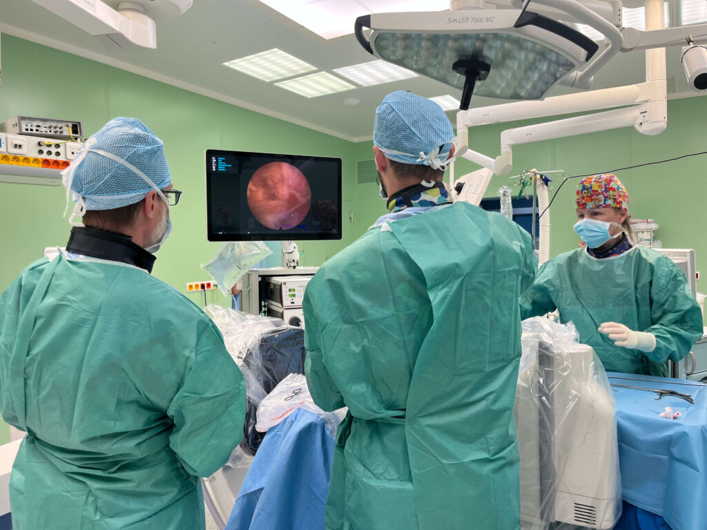 Lékaři Neurochirurgické kliniky Fakultní nemocnice u sv. Anny v Brně u endoskopické operace krční páteře.